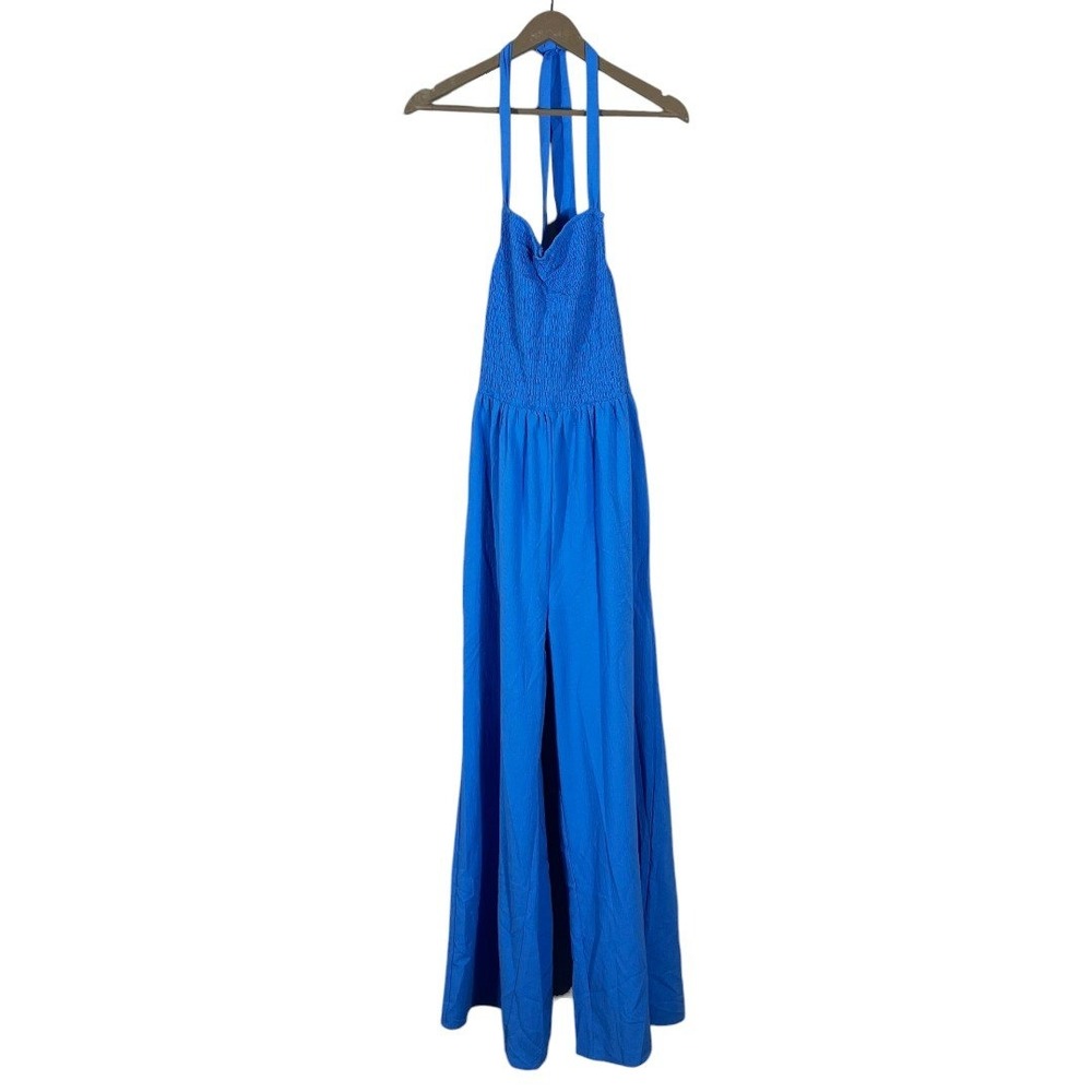 NWT Lumiere Smocked Halter Solid Wide Leg Jumpsuit Blue Boho Summer Size M